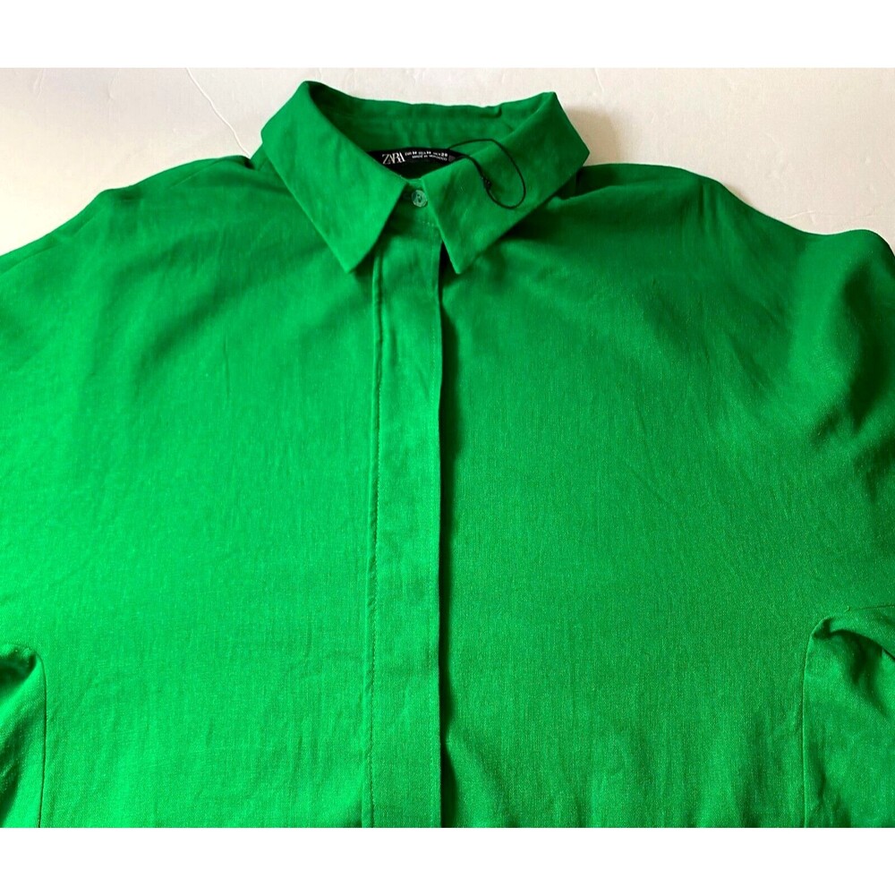 Zara Linen Blend Shirt Women M Shamrock Green 3/4 Kimono Sleeve Button Down NWOT - Picture 3 of 16